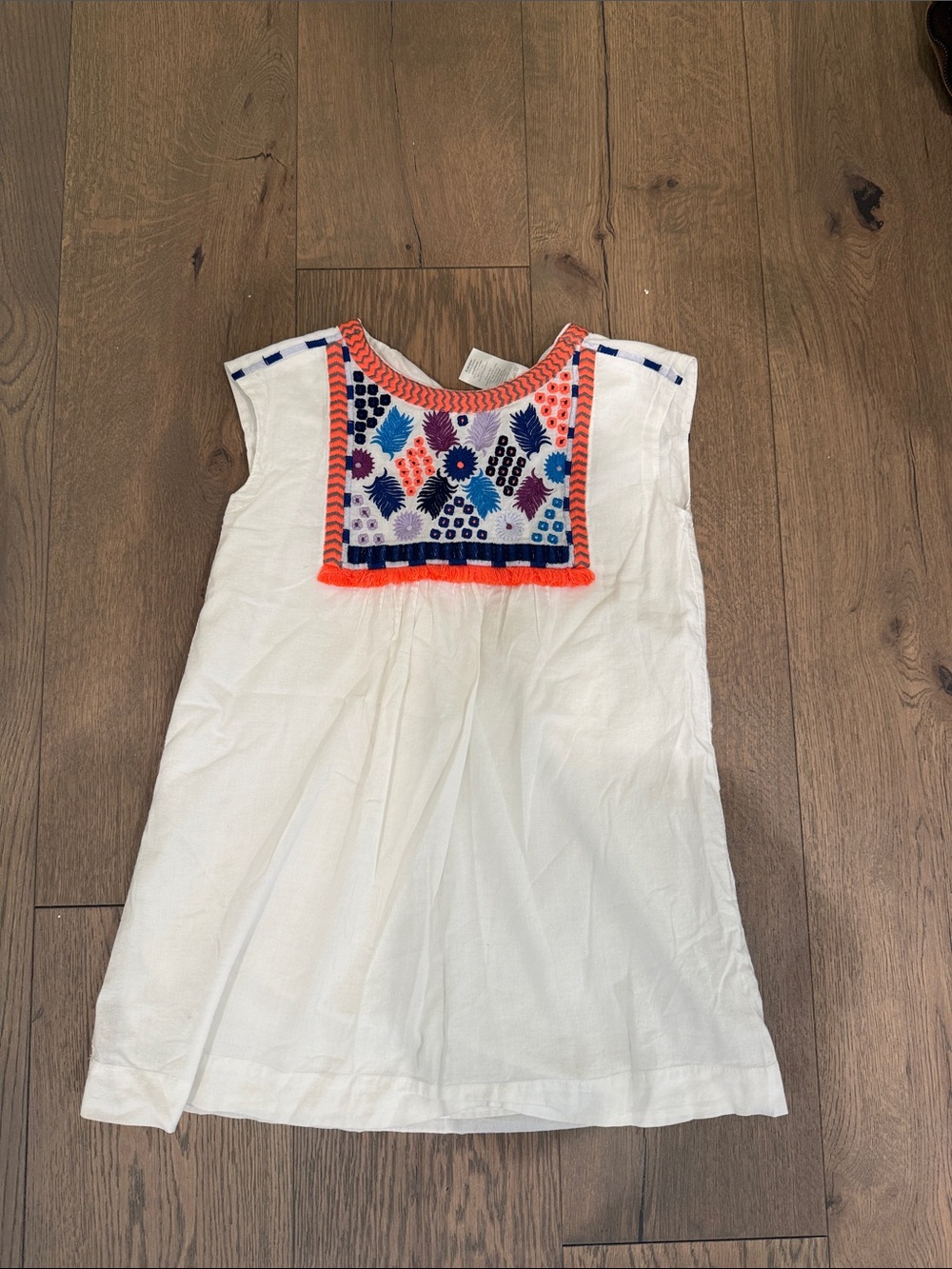 Crewcuts White Dress with Bright Orange and Navy Embroidery